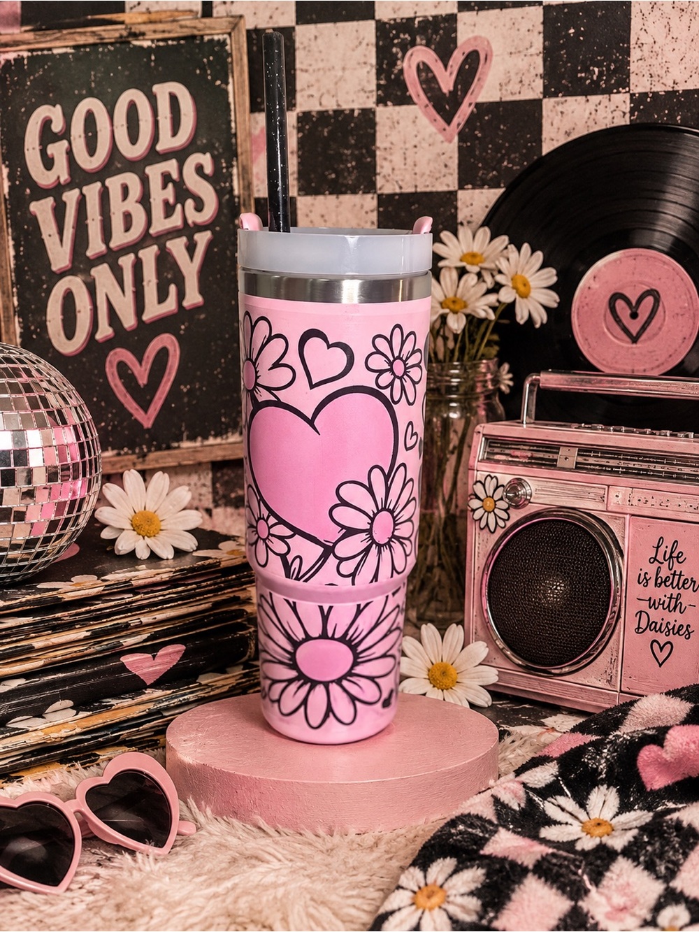 Pink Floral Heart Stainless Tumbler - Insulated Travel Cup